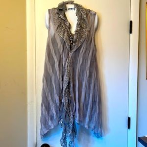 Beautiful lacy organza grey long tunic top, large, chiffon tunic underneath